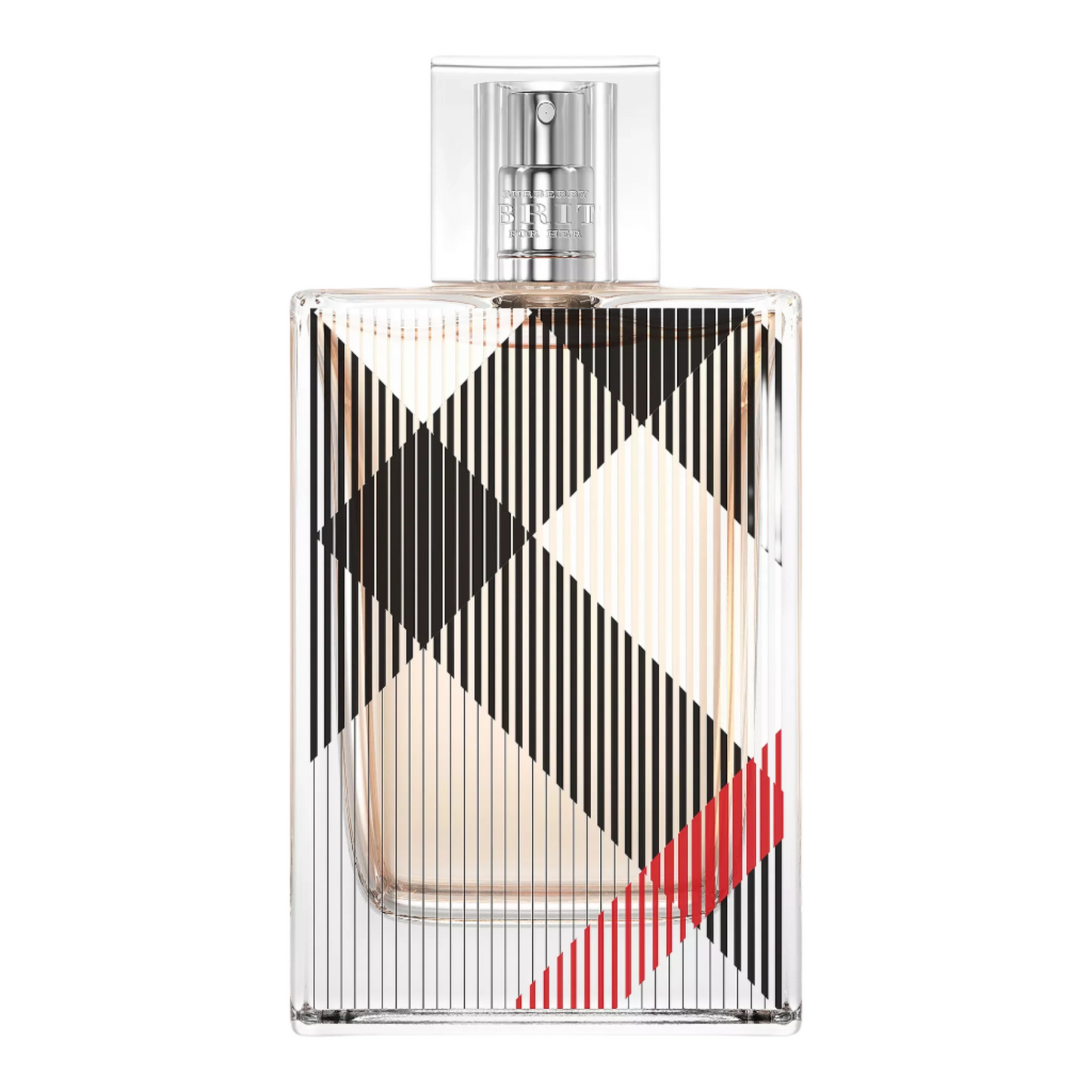 Perfume bottle with a checkered design on a white background
