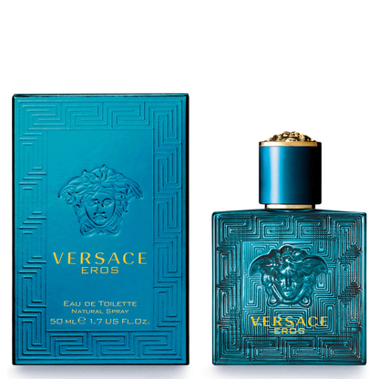 Versace Eros perfume bottle and packaging on a white background