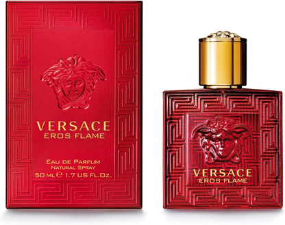 Versace Eros Flame perfume bottle and packaging on a white background