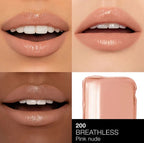 Lipstick shade 200 Breathless Pink nude shown on lips with close-up of lipstick.
