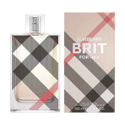 Burberry Brit for Her perfume bottle and packaging with checkered design.