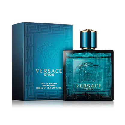 Versace Eros perfume bottle and packaging on a white background
