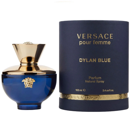 Versace Dylan Blue perfume bottle and packaging on a white background