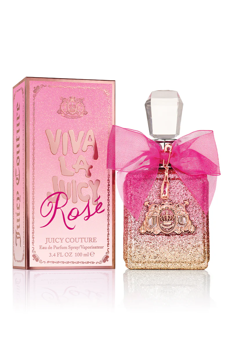 Juicy Couture Viva La Juicy Rose perfume bottle and packaging on a white background