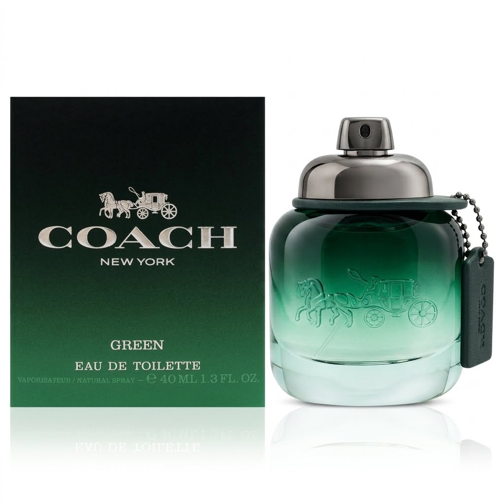 Green perfume bottle with silver cap and packaging on a white background