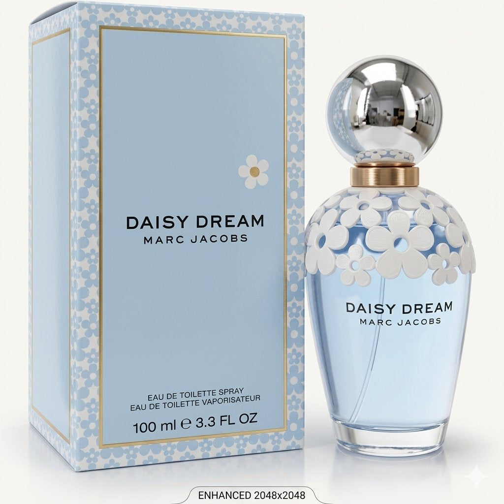 Marc Jacobs Daisy Dream perfume bottle and packaging on a white background