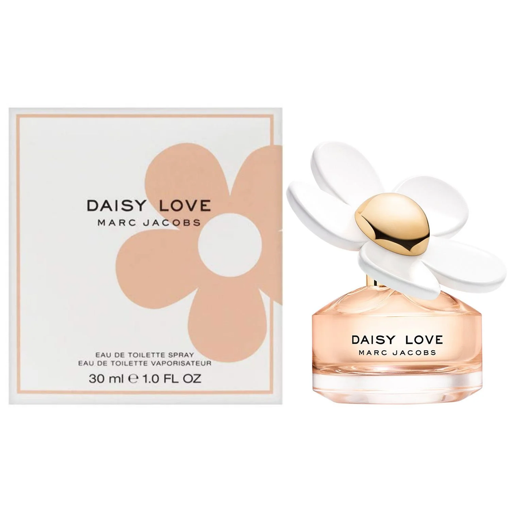 Marc Jacobs Daisy Love perfume bottle and packaging on a white background