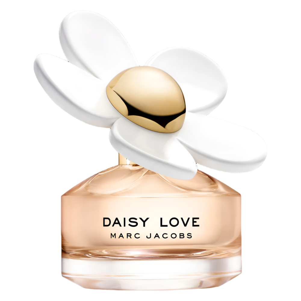 Marc Jacobs Daisy Love perfume bottle with white flower design on a white background