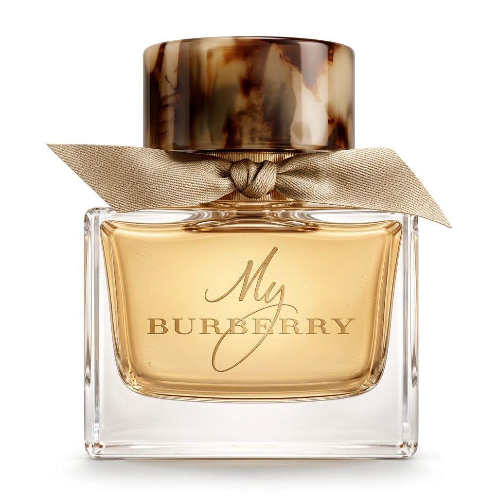 Burberry perfume bottle with gold cap, elegant bow and label on a white background 