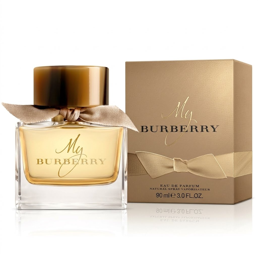 My Burberry perfume bottle and packaging on a white background