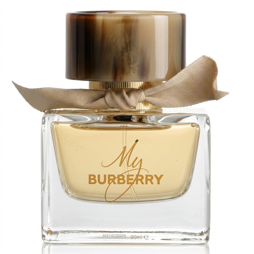 Burberry perfume bottle with gold cap, elegant bow and label on a white background 