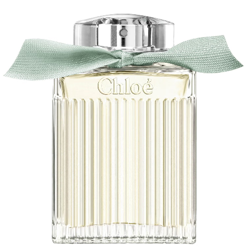 Chloe perfume bottle with a green ribbon on a white background
