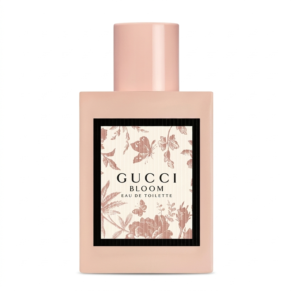 Gucci Bloom perfume bottle with white background