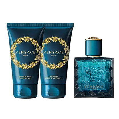 Versace Eros shower gel and after-shave balm with a perfume bottle on a white background