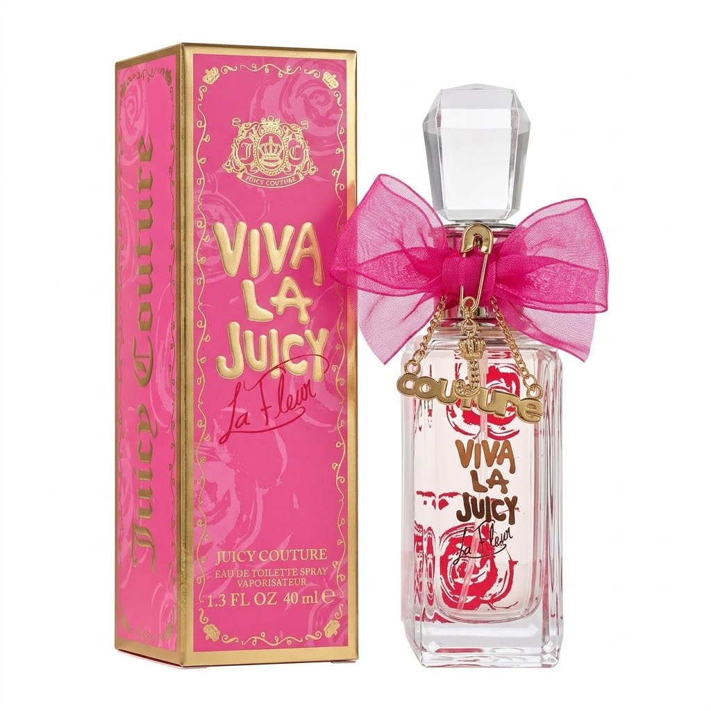 Juicy Couture Viva La Juicy perfume bottle and packaging on a white background