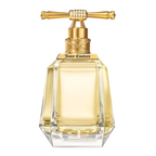 Juicy Couture'. Perfume bottle with gold cap and clear body on a white background, 