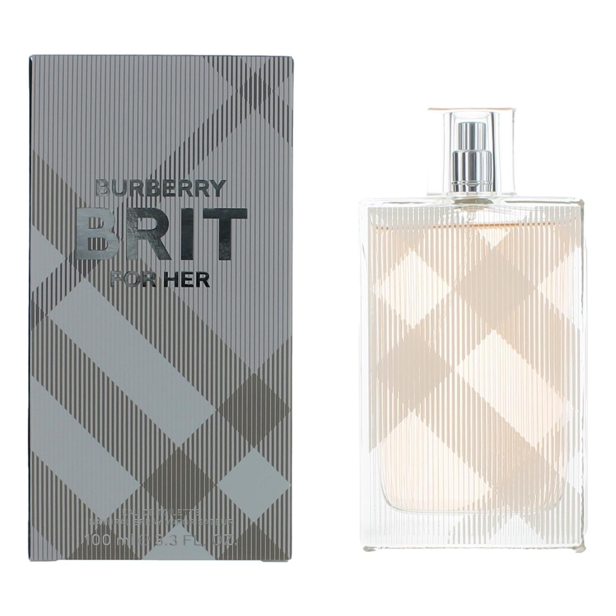 Burberry Brit for Her perfume bottle and packaging on a white background