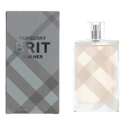 Burberry Brit for Her perfume bottle and packaging on a white background