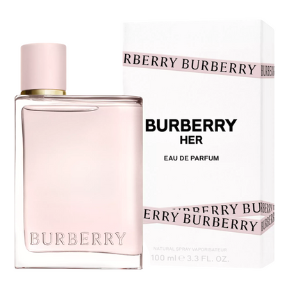 Burberry Her Eau de Parfum bottle and packaging on a white background