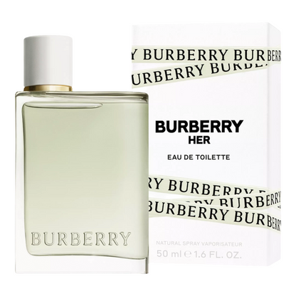 Bottle of Burberry Her eau de toilette with branding elements.
