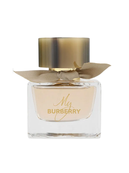 Burberry perfume bottle with gold cap and label on a white background