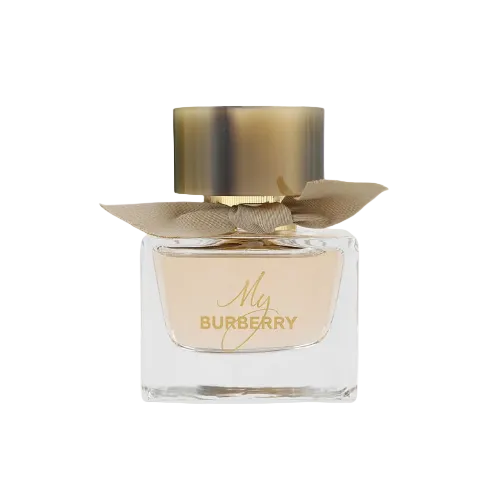Burberry perfume bottle with gold cap, elegant bow and label on a white background 