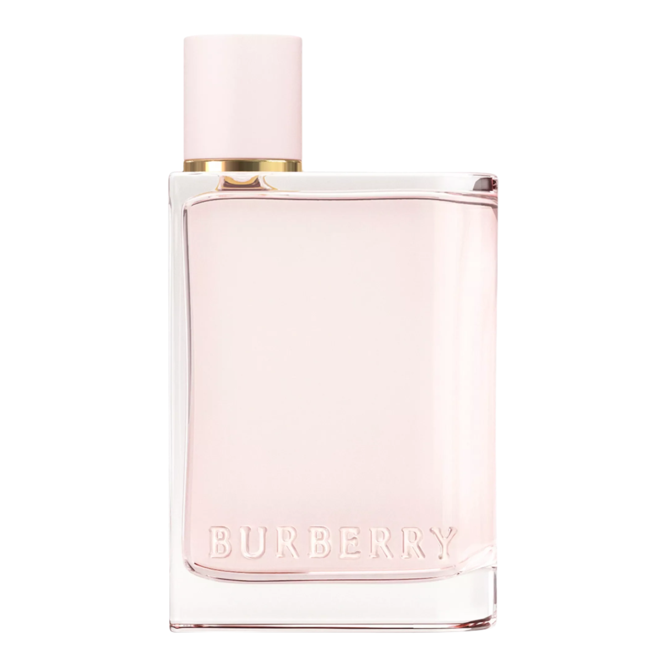Burberry perfume bottle with pink cap and body on a white background