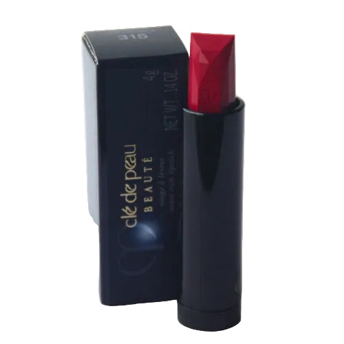 Red lipstick with black casing and 'cle de peau' packaging on a white background