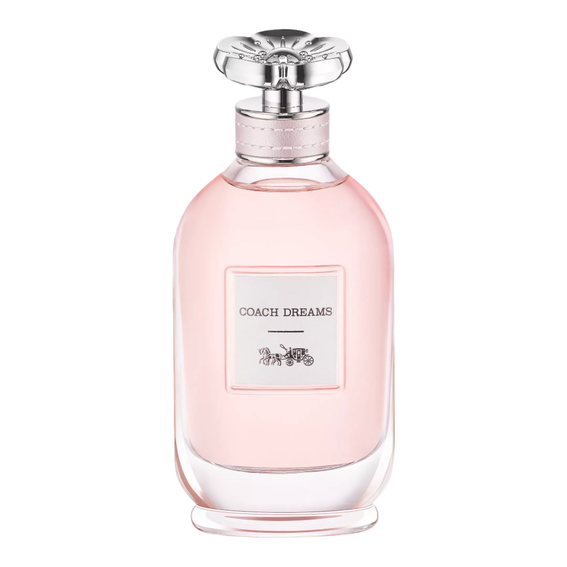 Coach Dreams perfume bottle with pink liquid on a white background