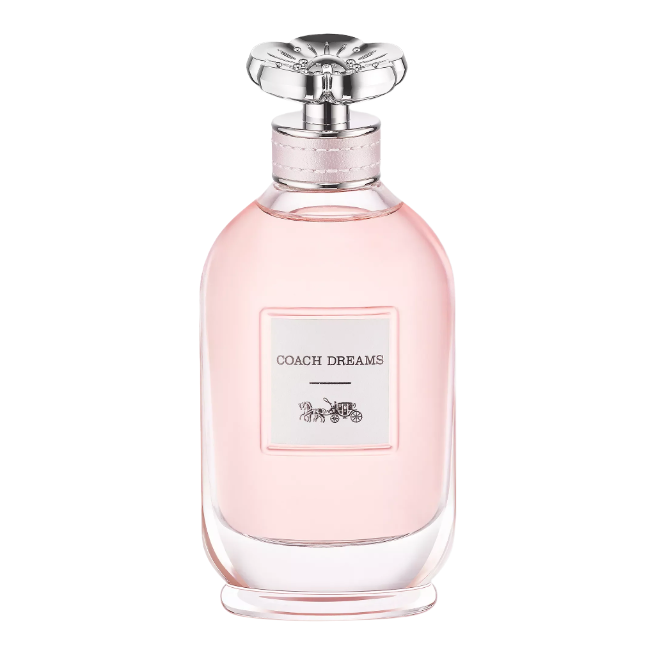 Coach Dreams perfume bottle with pink liquid on a white background