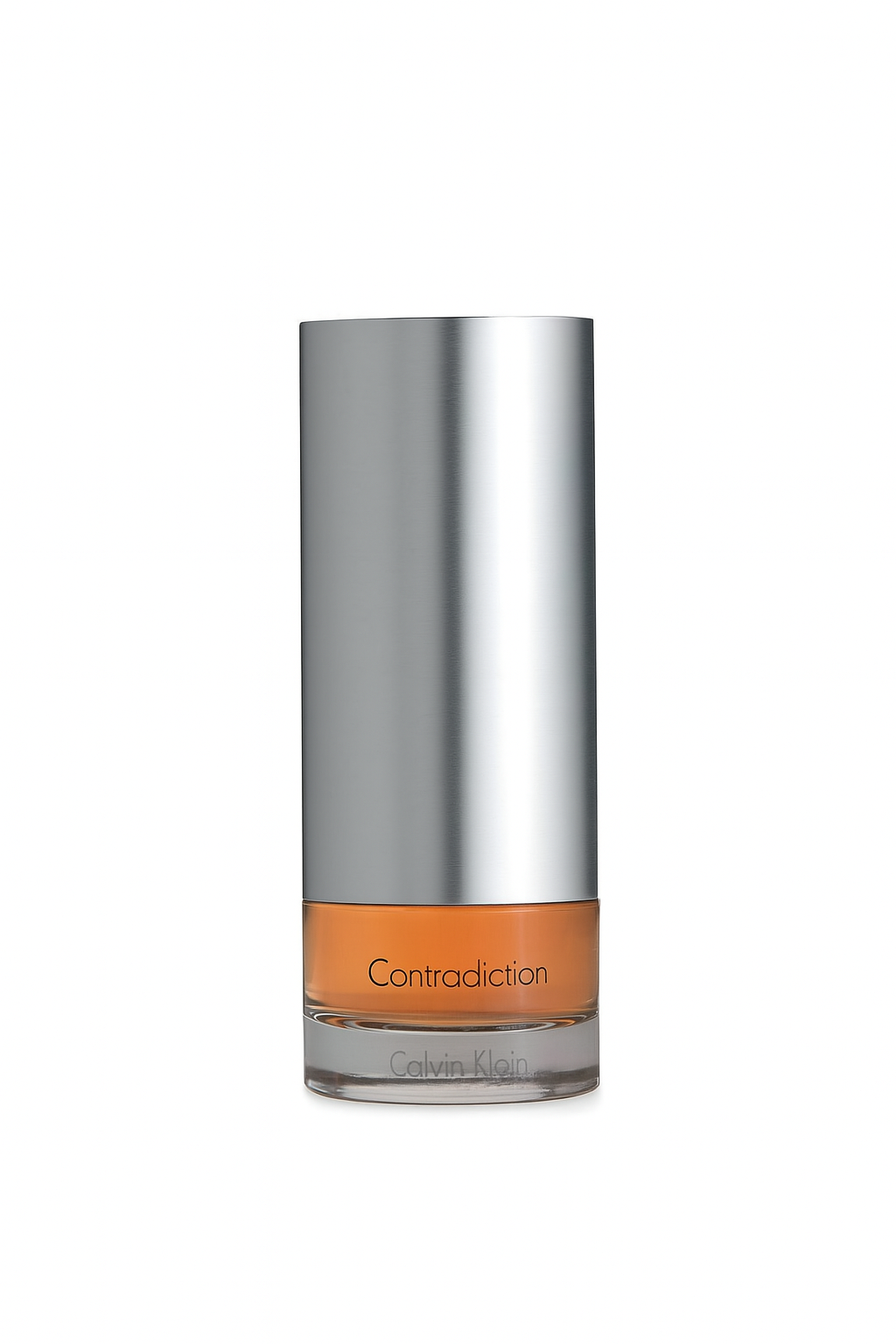 Calvin Klein Contradiction perfume bottle with silver cap and orange base on a white background