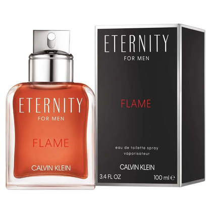 Calvin Klein Eternity Flame perfume bottle and packaging on a white background