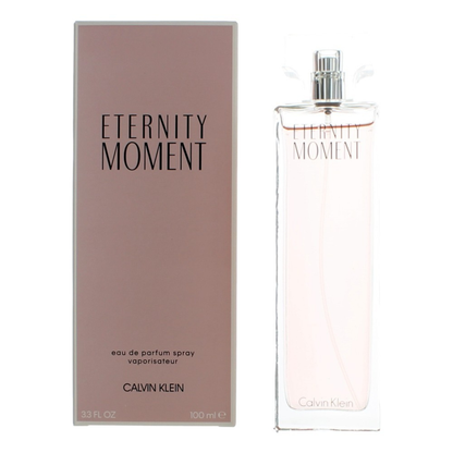 Calvin Klein Eternity Moment perfume bottle and packaging on a white background
