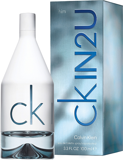 Calvin Klein CK IN2U perfume bottle and packaging on a white background