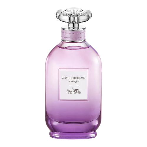 Coach Dreams Moonlight  Purple perfume bottle with silver cap on a white background