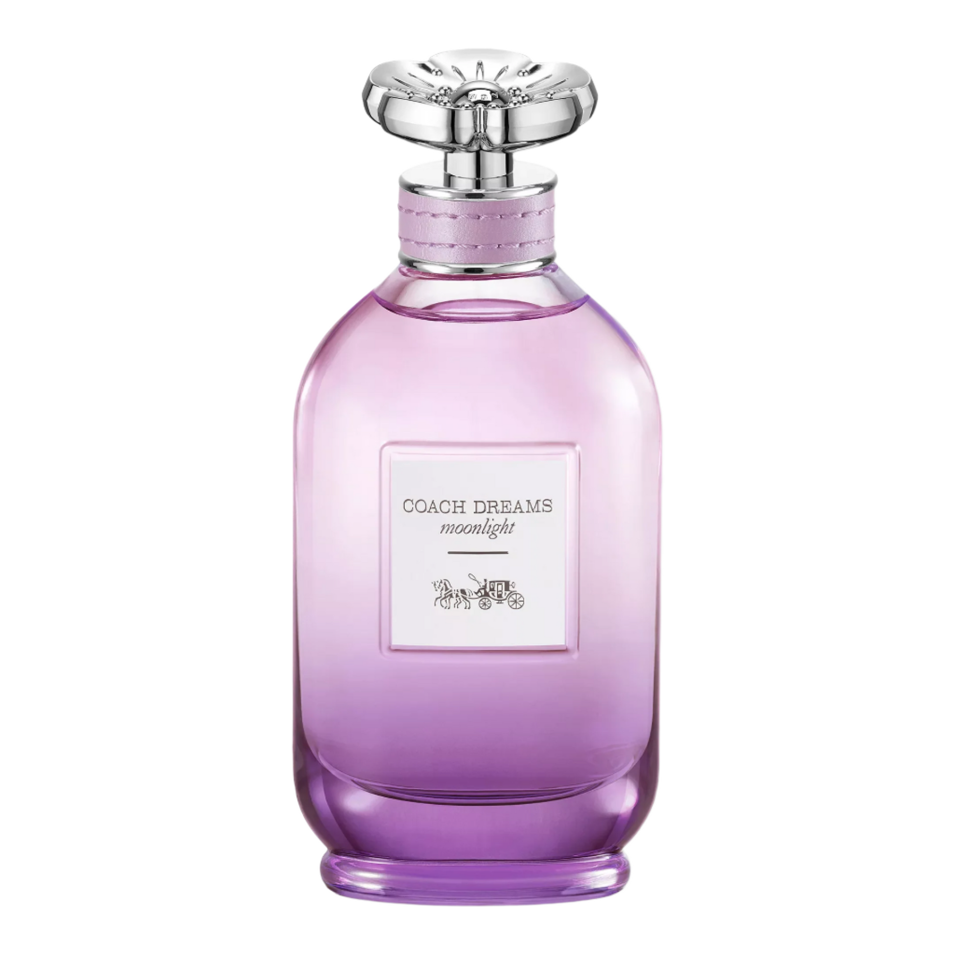 Coach Dreams Moonlight  Purple perfume bottle with silver cap on a white background