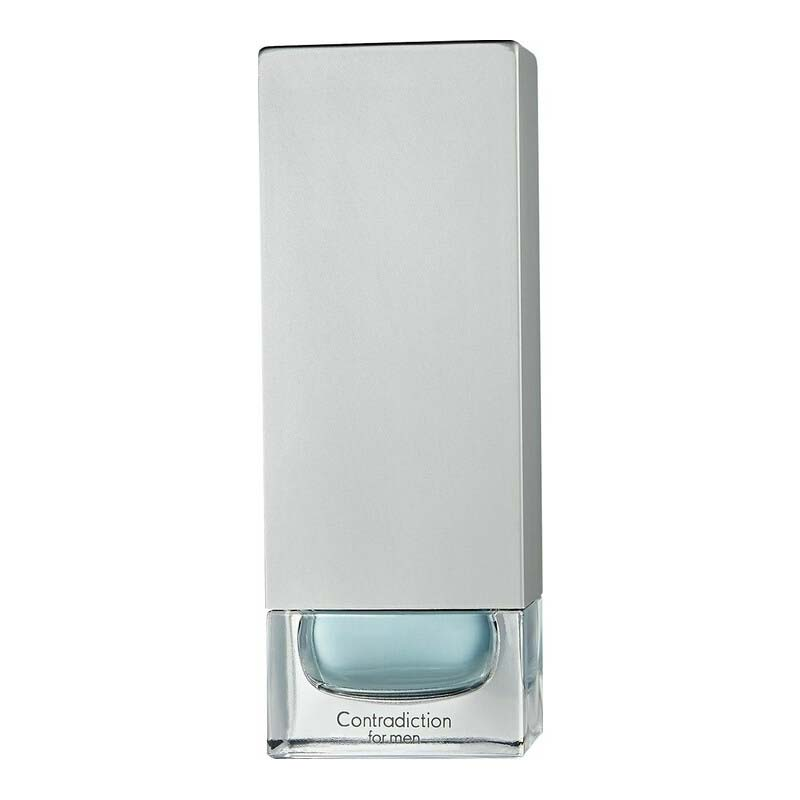 Perfume bottle labeled 'Contradiction for men' on a white background