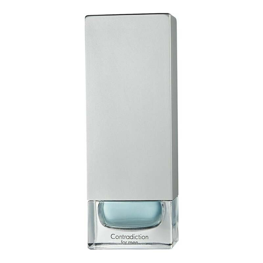 Perfume bottle labeled 'Contradiction for men' on a white background