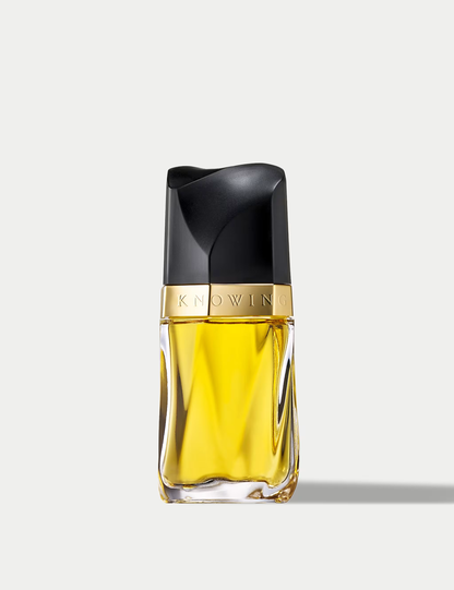 ESTEE LAUDER KNOWING Perfume bottle with black cap and gold label on a light gray background