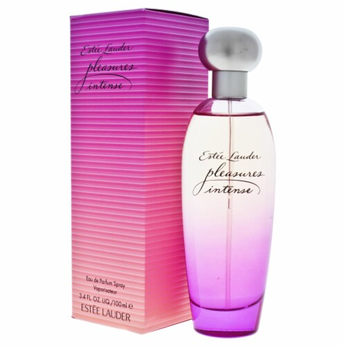 Estée Lauder Pleasures Intense perfume bottle and packaging on a white background