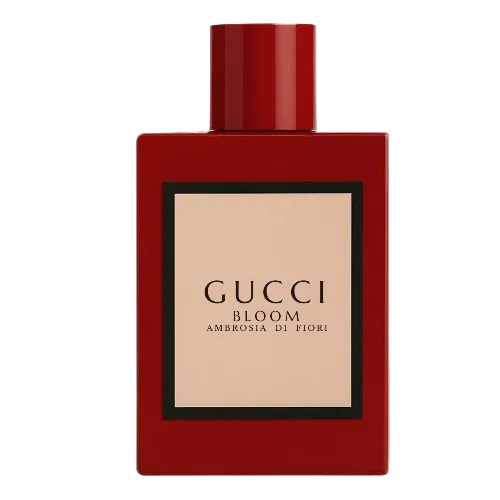 Red Gucci Bloom perfume bottle on a white background