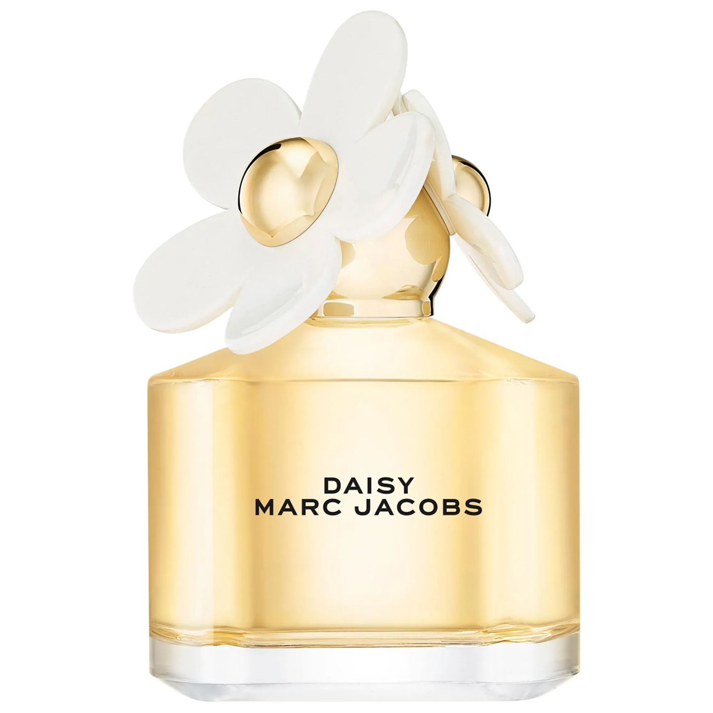 Gold Marc Jacobs Daisy perfume bottle with white flowers on a white background