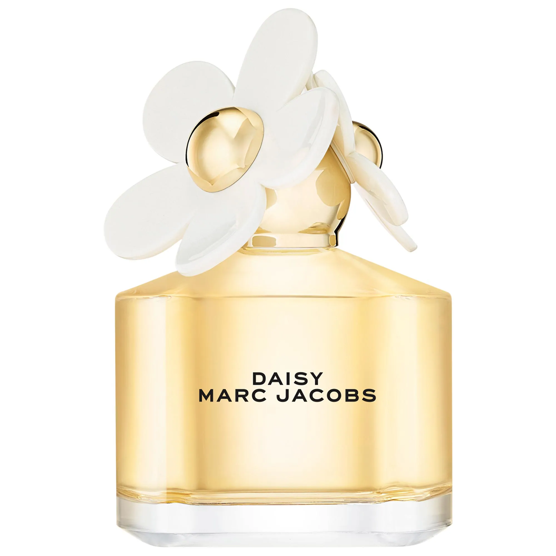 Gold Marc Jacobs Daisy perfume bottle with white flowers on a white background
