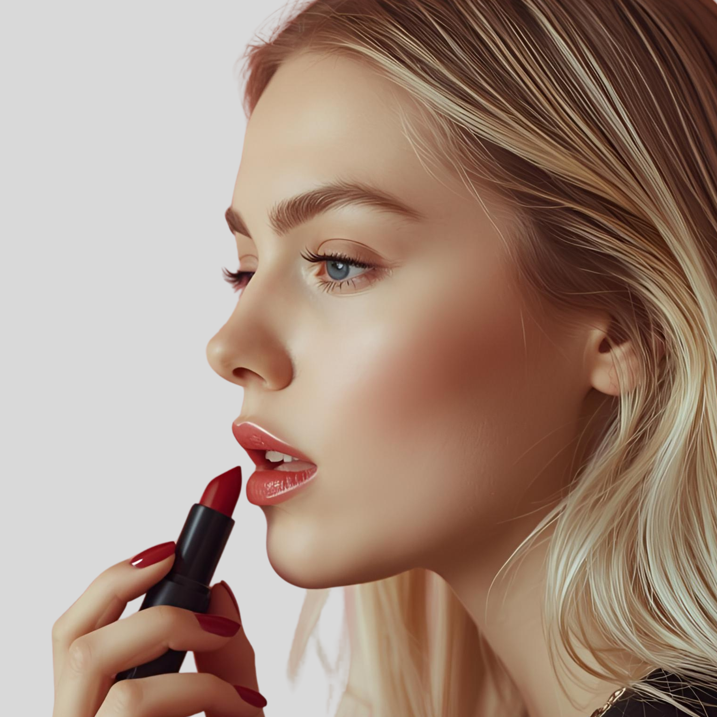 Woman applying red lipstick with a neutral background