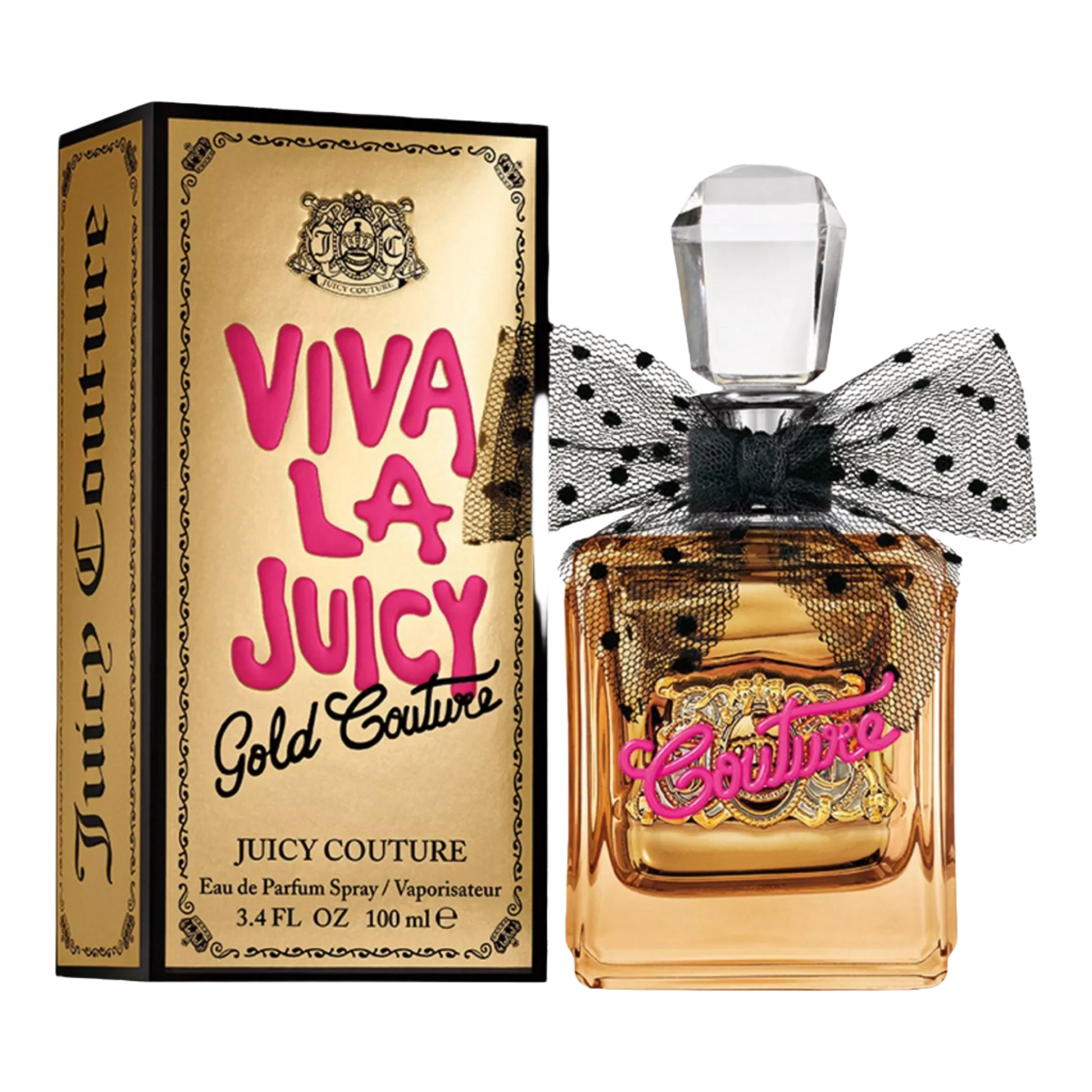 Juicy Couture Viva La Juicy Gold Couture perfume bottle and packaging on a white background