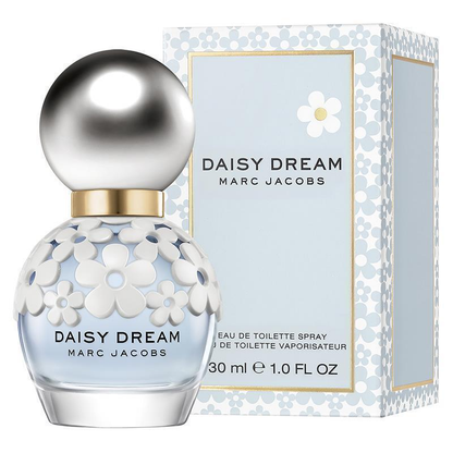 Marc Jacobs Daisy Dream perfume bottle and packaging on a white background