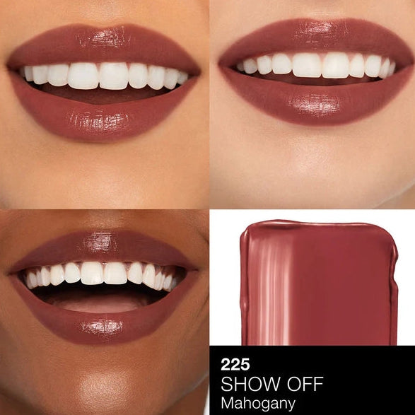 Collage of a lip color swatch labeled '225 Show Off Mahogany' on a white background.