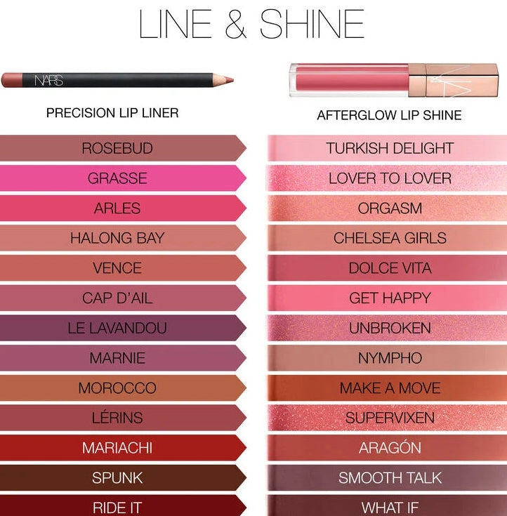 NARS lip products including a precision lip liner and afterglow lip shine with color swatches.
