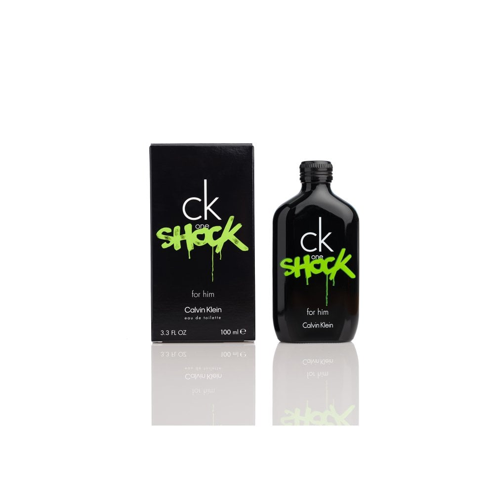 Calvin Klein CK One Shock perfume bottle and packaging on a white background