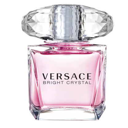 Versace Bright Crystal perfume bottle with pink base and clear cap on a white background